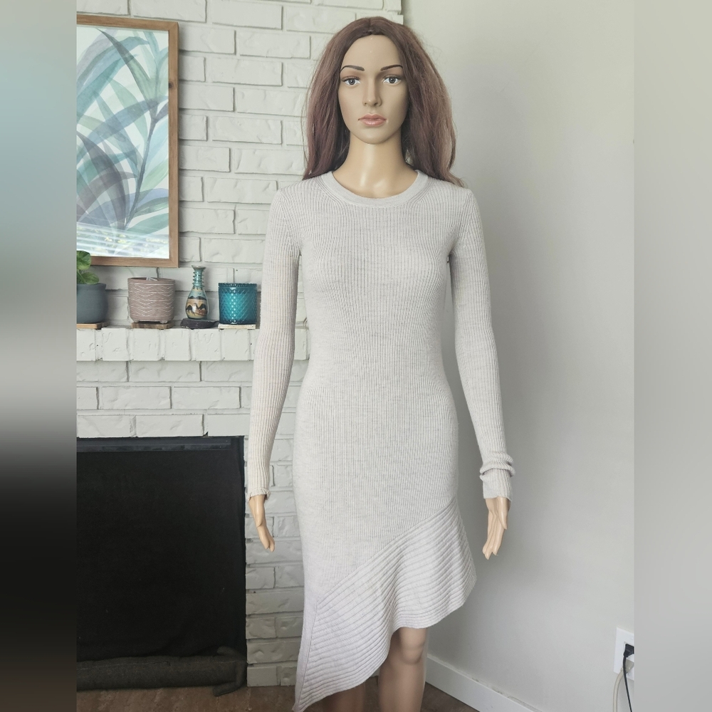 All Saints Cream Knit Sweater Dress Merino Wool Long Sleeves Midi Assymetrical